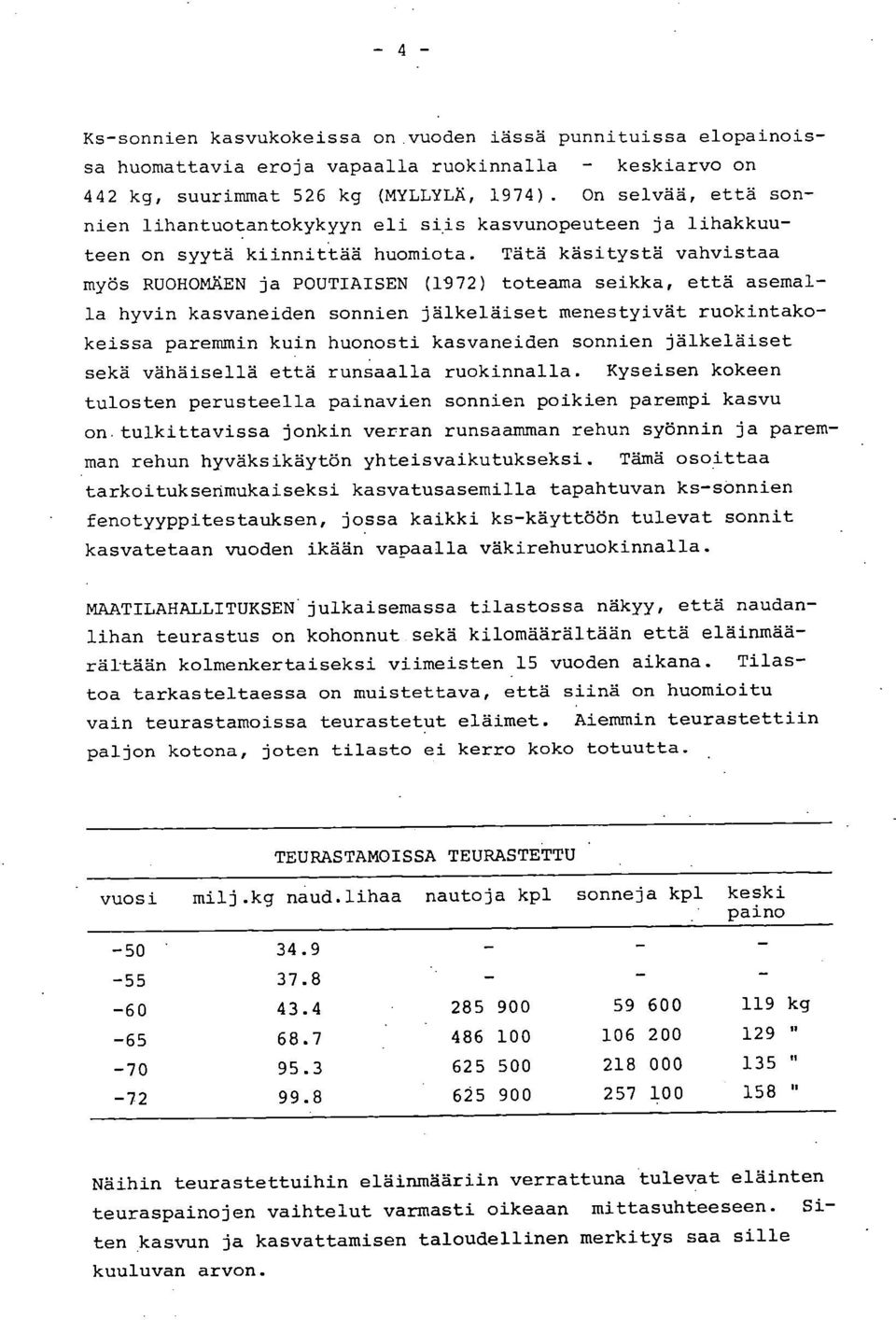 Tätä käsitystä vahvistaa myös RUOHOMÄEN ja POUTIAISEN (1972) toteama seikka, että asemalla hyvin kasvaneiden sonnien jälkeläiset menestyivät ruokintakokeissa paremmin kuin huonosti kasvaneiden