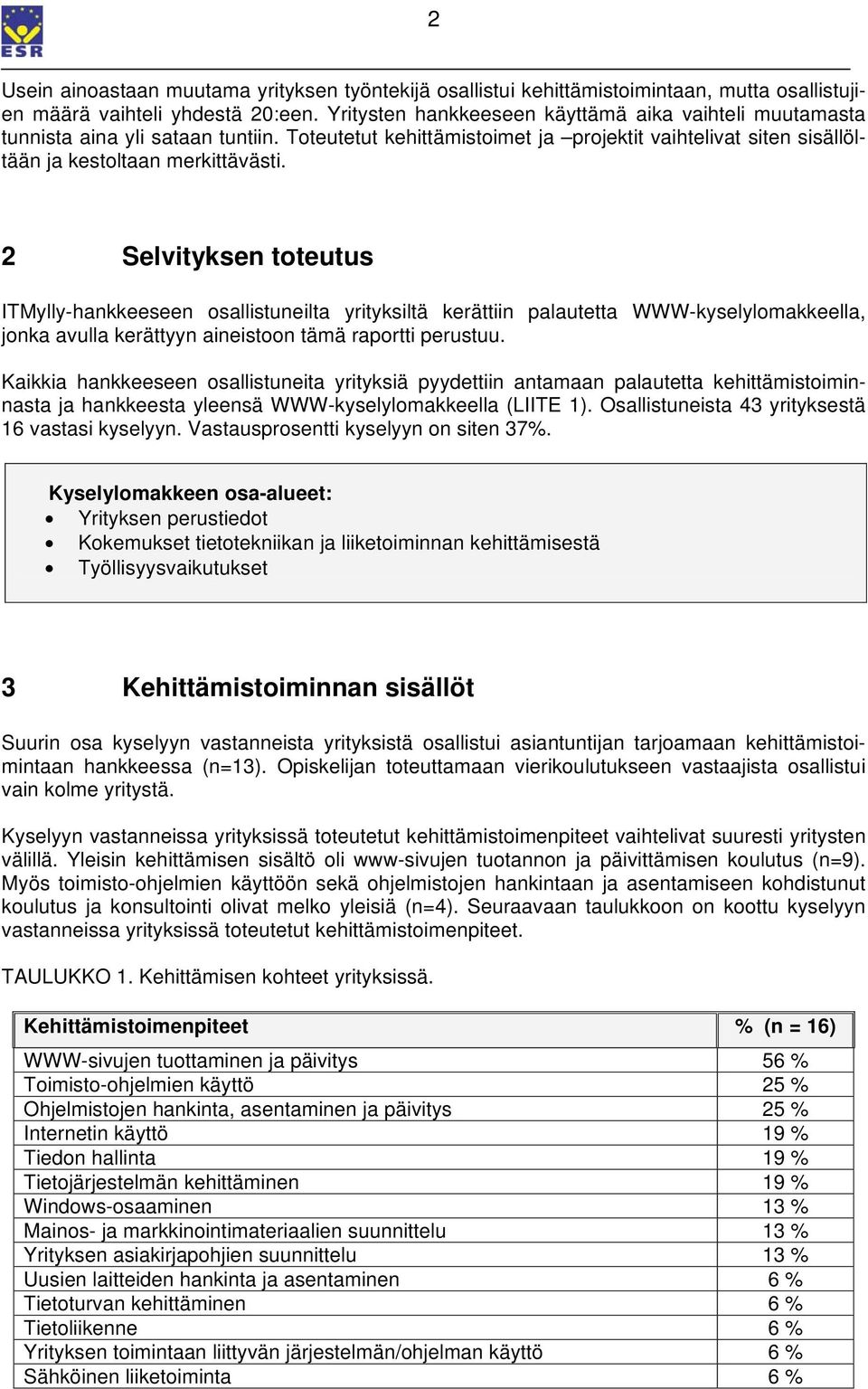 2 Selvityksen toteutus ITMylly-hankkeeseen osallistuneilta yrityksiltä kerättiin palautetta WWW-kyselylomakkeella, jonka avulla kerättyyn aineistoon tämä raportti perustuu.