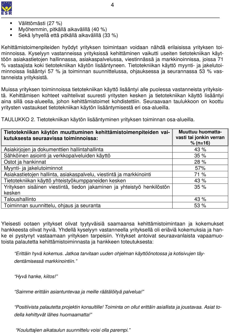 Kyselyyn vastanneissa yrityksissä kehittäminen vaikutti useiten tietotekniikan käyttöön asiakastietojen hallinnassa, asiakaspalvelussa, viestinnässä ja markkinoinnissa, joissa 71 % vastaajista koki