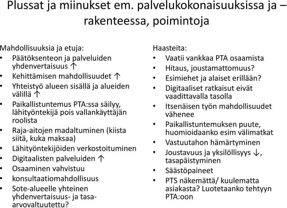 Paikallistuntemus PTA:ssa säilyy, lähityöntekijä pois vallankäyttäjän roolista Raja-aitojen madaltuminen (kiista siitä, kuka maksaa) Lähityöntekijöiden verkostoituminen Digitaalisten palveluiden
