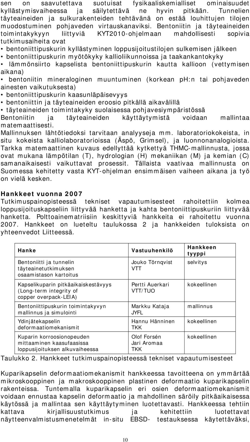 Bentoniitin ja täyteaineiden toimintakykyyn liittyviä KYT2010-ohjelmaan mahdollisesti sopivia tutkimusaiheita ovat bentoniittipuskurin kyllästyminen loppusijoitustilojen sulkemisen jälkeen