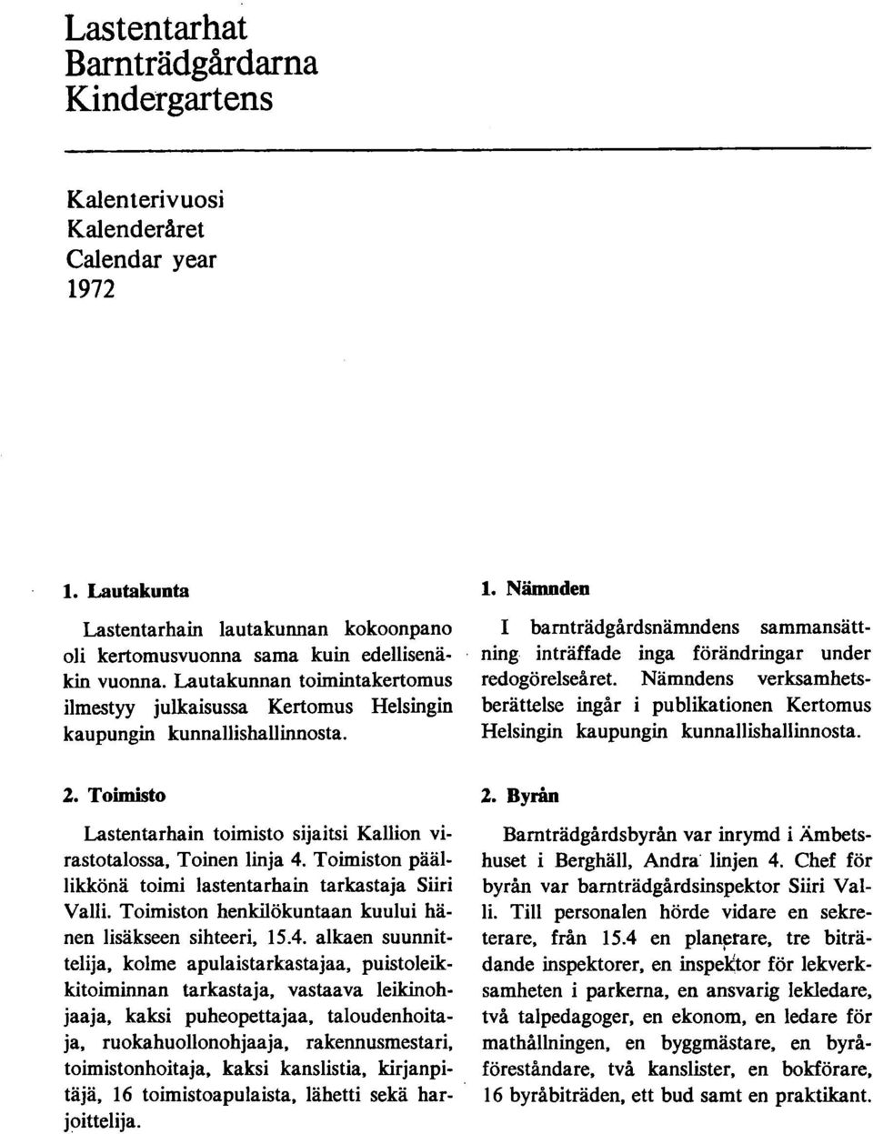 Nämndens verksamhetsberättelse ingår i publikationen Kertomus Helsingin kaupungin kunnallishallinnosta.. Toimisto Lastentarhain toimisto sijaitsi Kallion virastotalossa, Toinen linja 4.