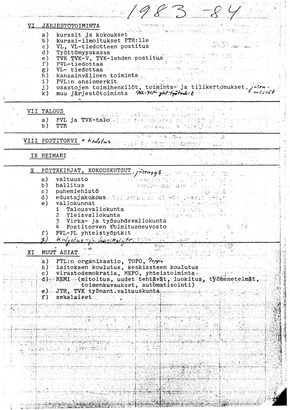 .. a) PVL ja TVK-tal-o i : : b) TTR VIII POSTITORVI +. '.. il:.' " I X HEIMARI. X PÖYTÄKIRJAT, KOKOUSKUTSUT. «., -.. XI a) b) c) d) e) f) M. valtuusto e- f hallitus r. p u h e m i e h i s t ö.