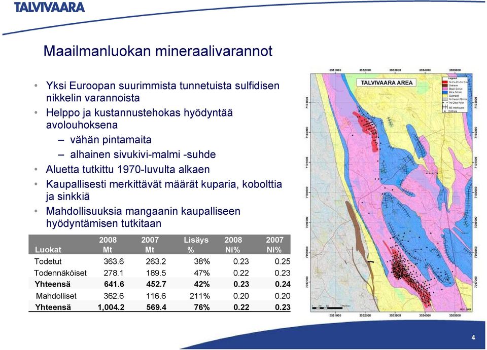 ja sinkkiä Mahdollisuuksia mangaanin kaupalliseen hyödyntämisen tutkitaan 2008 2007 Lisäys 2008 2007 Luokat Mt Mt % Ni% Ni% Todetut 363.6 263.2 38% 0.