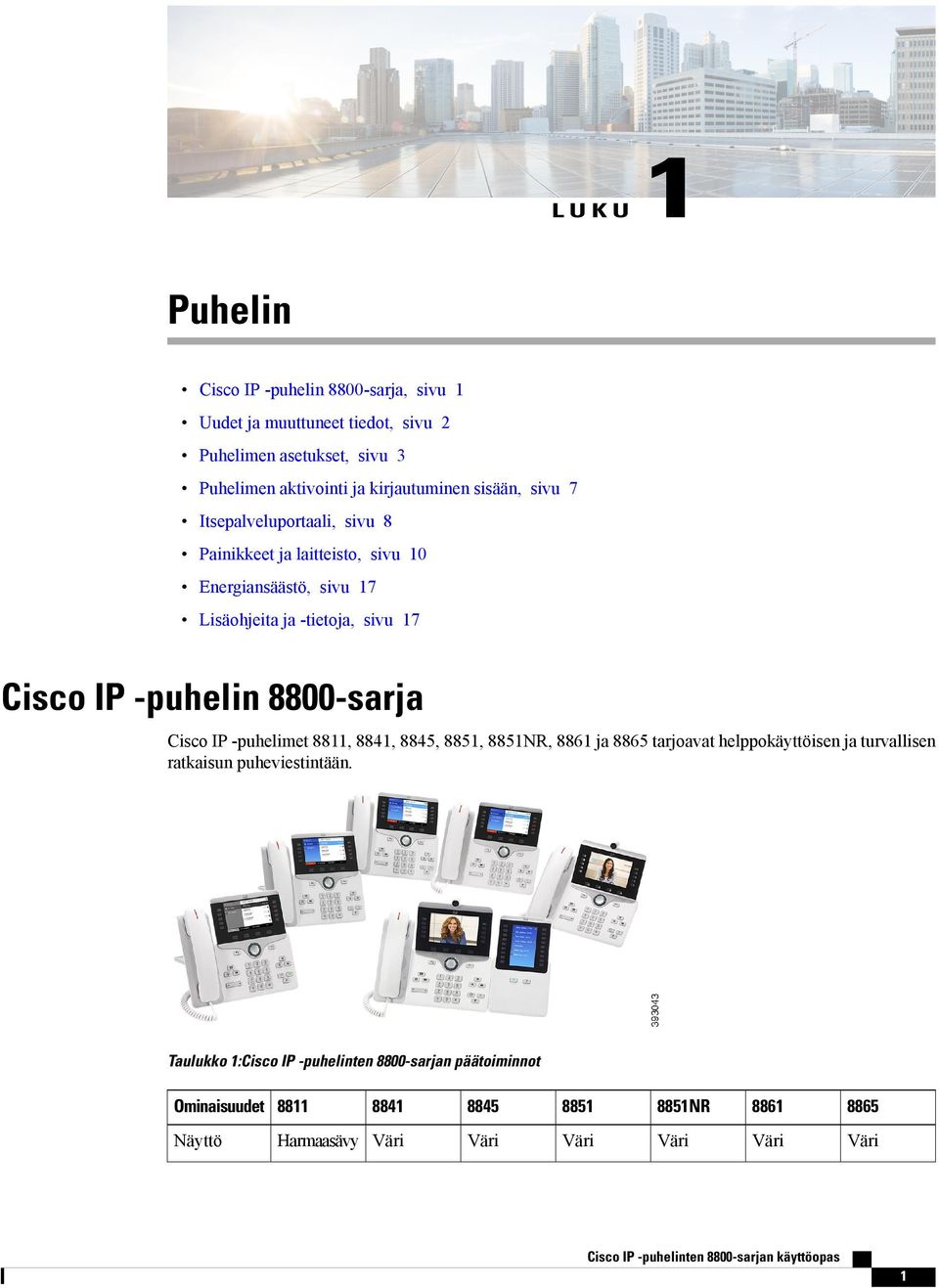 Cisco IP -puhelin 8800-sarja Cisco IP -puhelimet 8811, 8841, 8845, 8851, 8851NR, 8861 ja 8865 tarjoavat helppokäyttöisen ja turvallisen ratkaisun