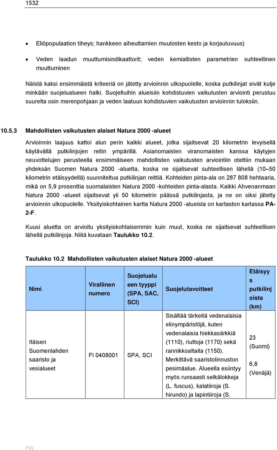 Suojeltuihin alueisiin kohdistuvien vaikutusten arviointi perustuu suurelta osin merenpohjaan ja veden laatuun kohdistuvien vaikutusten arvioinnin tuloksiin. 10.5.