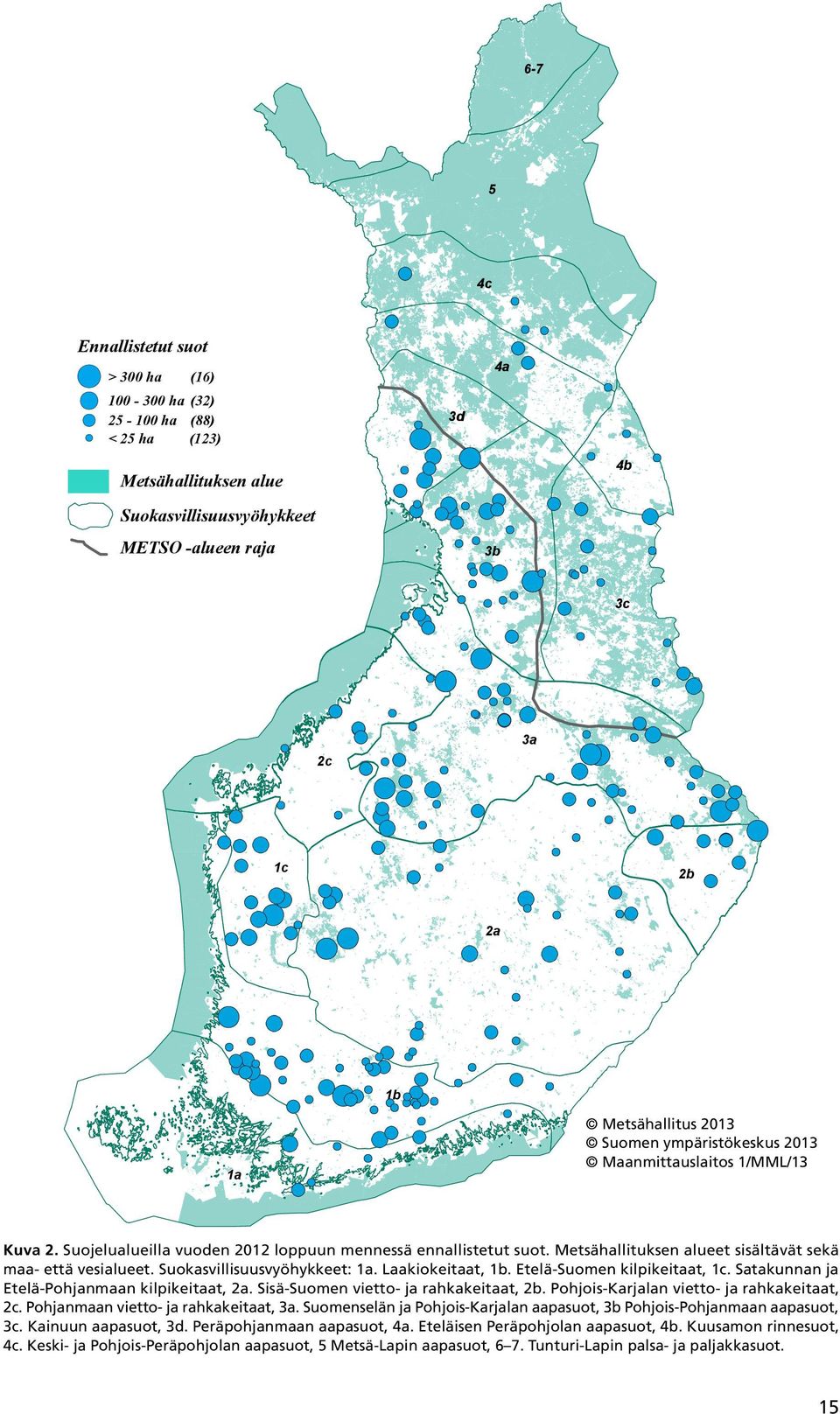 Metsähallituksen alueet sisältävät sekä maa- että vesialueet. Suokasvillisuusvyöhykkeet: 1a. Laakiokeitaat, 1b. Etelä-Suomen kilpikeitaat, 1c. Satakunnan ja Etelä-Pohjanmaan kilpikeitaat, 2a.