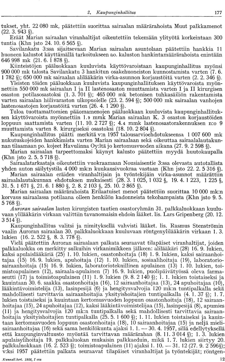Savilankatu 3:ssa sijaitsevaan Marian sairaalan asuntolaan päätettiin hankkia 11 huoneen kalustot käyttämällä tarkoitukseen ao. kaluston hankintamäärärahoista enintään 646 998 mk (21. 6. 1 878 ).