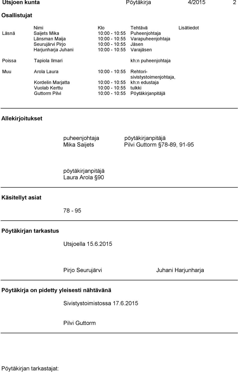 kh:n edustaja Vuolab Kerttu 10:00-10:55 tulkki Guttorm Pilvi 10:00-10:55 Pöytäkirjanpitäjä Allekirjoitukset puheenjohtaja pöytäkirjanpitäjä Mika Saijets Pilvi Guttorm 78-89, 91-95