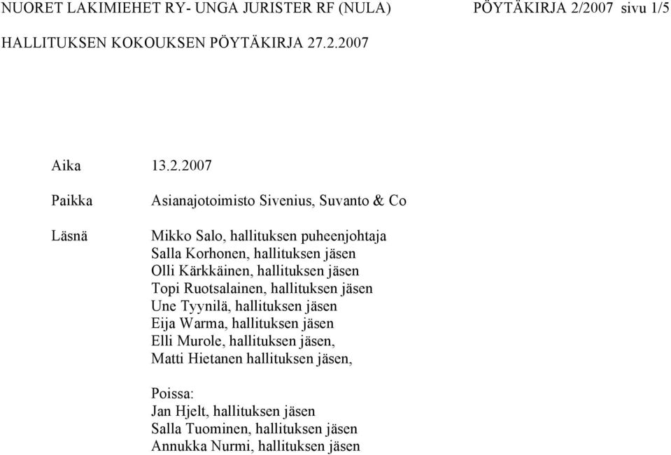 Korhonen, hallituksen jäsen Olli Kärkkäinen, hallituksen jäsen Topi Ruotsalainen, hallituksen jäsen Une Tyynilä, hallituksen
