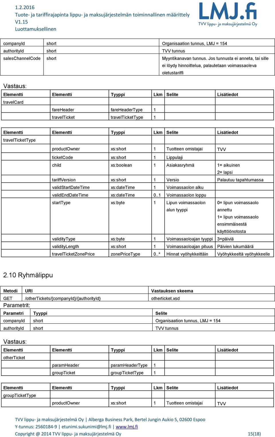 productowner xs:short 1 Tuotteen omistajai TVV ticketcode xs:short 1 Lippulaji child xs:boolean 1 Asiakasryhmä 1= aikuinen 2= lapsi tariffversion xs:short 1 Versio Palautuu tapahtumassa