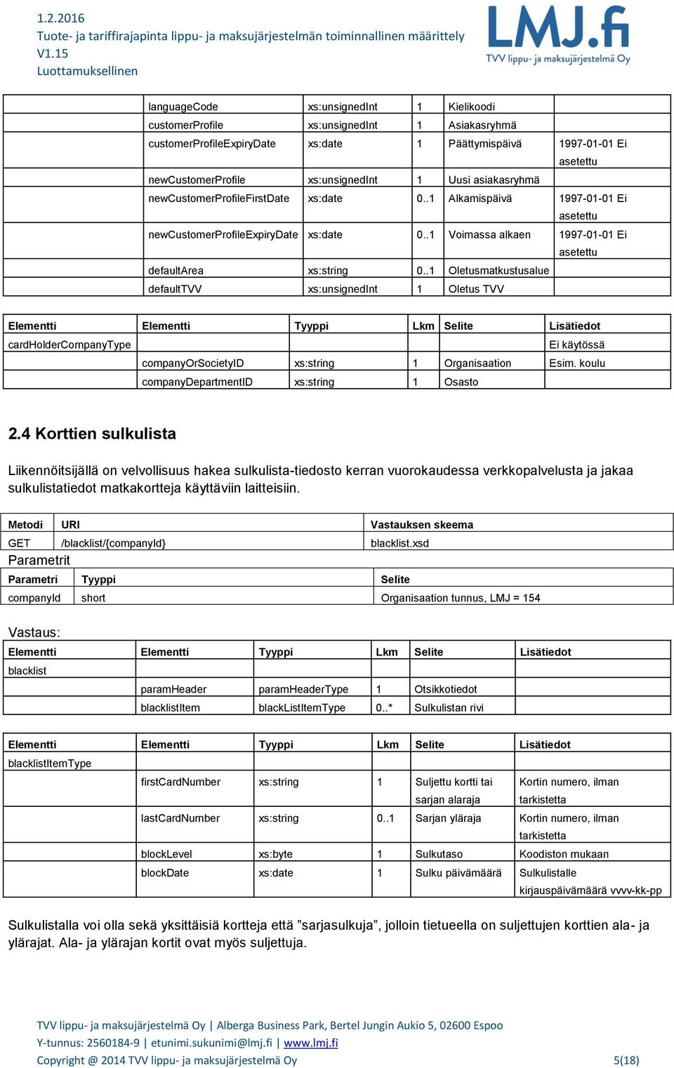 .1 Oletusmatkustusalue defaulttvv xs:unsignedint 1 Oletus TVV cardholdercompanytype Ei käytössä companyorsocietyid xs:string 1 Organisaation Esim. koulu companydepartmentid xs:string 1 Osasto 2.