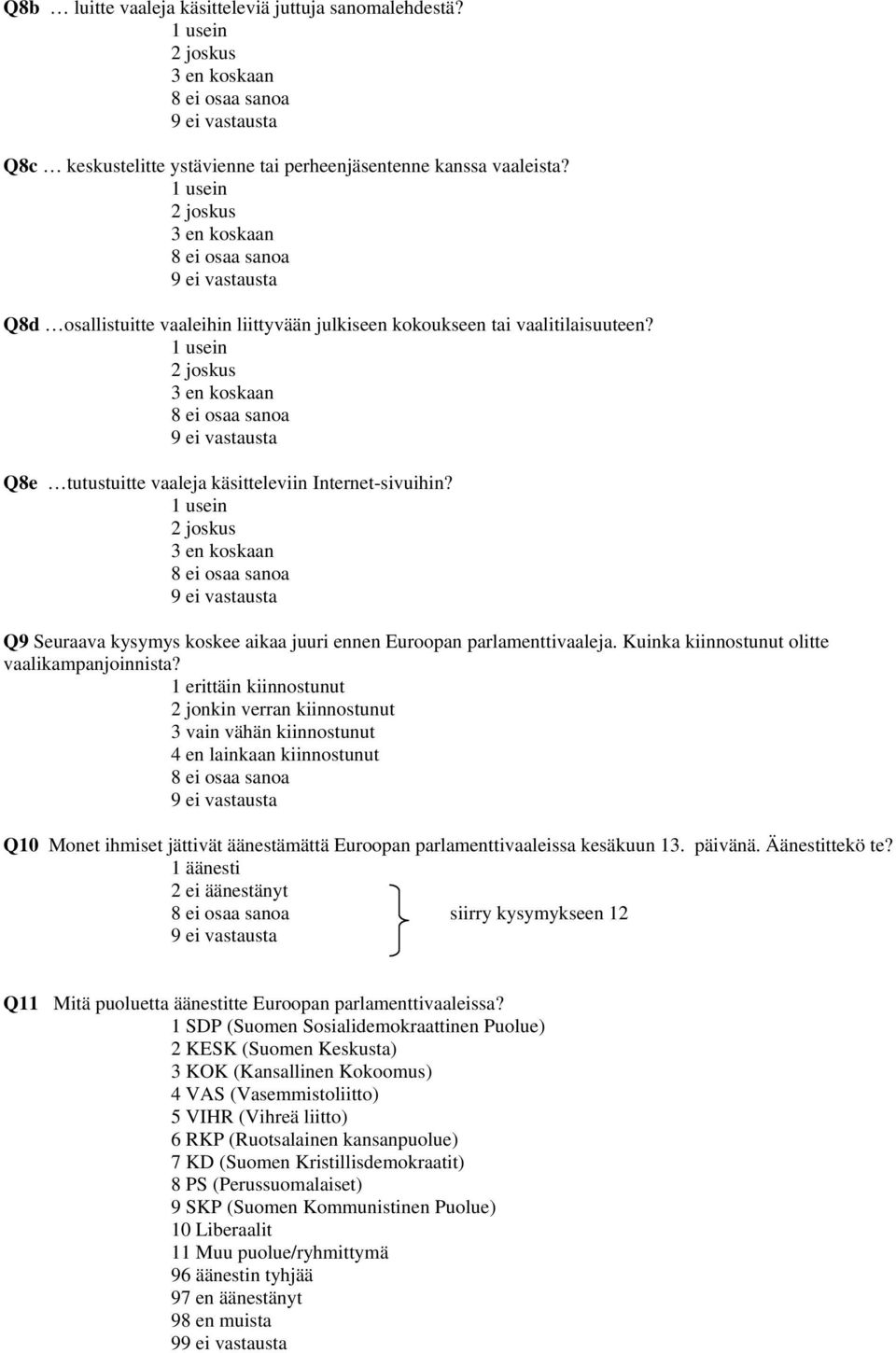 1 usein joskus 3 en koskaan Q Seuraava kysymys koskee aikaa juuri ennen Euroopan parlamenttivaaleja. Kuinka kiinnostunut olitte vaalikampanjoinnista?