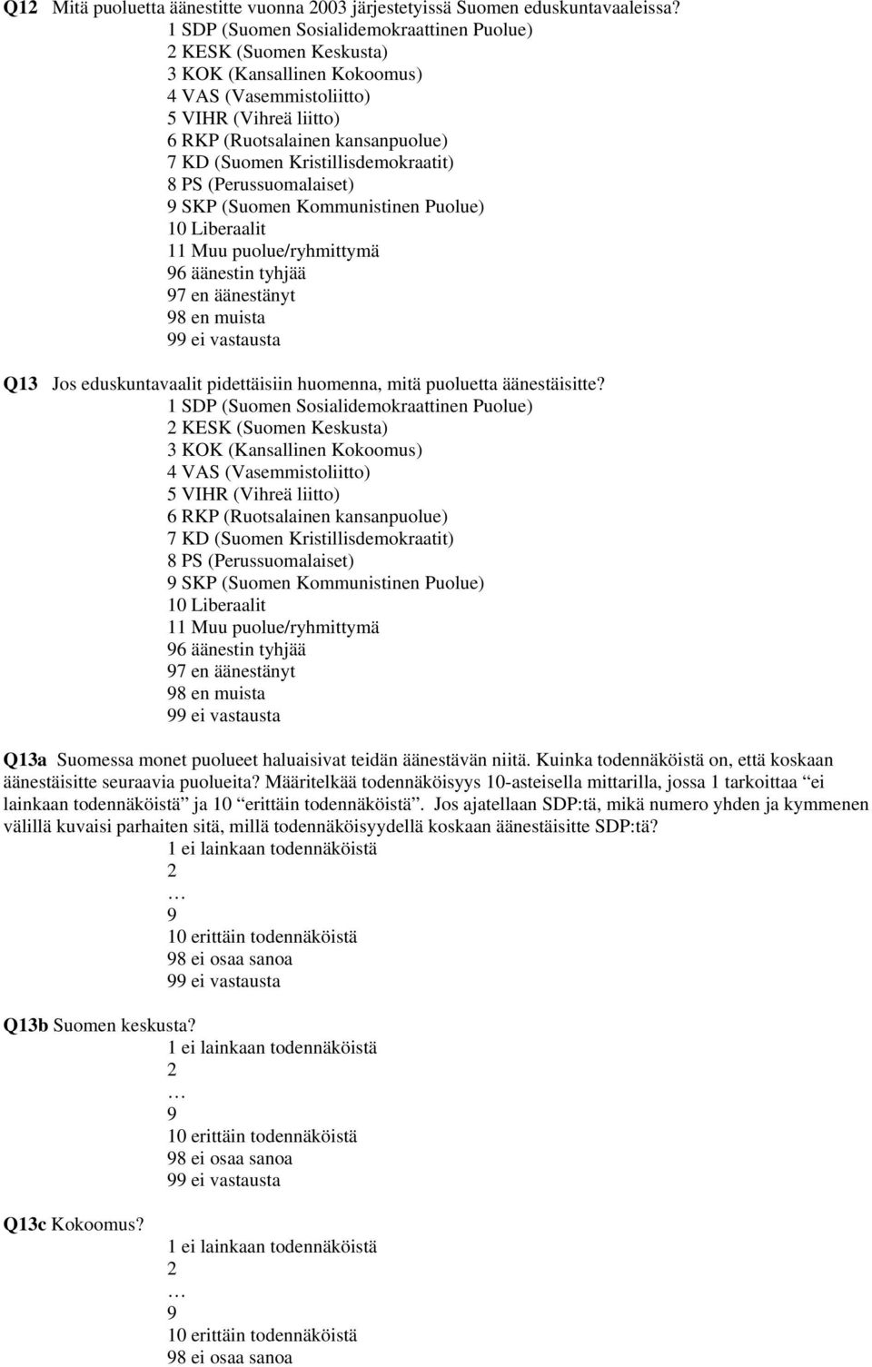 Kristillisdemokraatit) 8 PS (Perussuomalaiset) SKP (Suomen Kommunistinen Puolue) 10 Liberaalit 11 Muu puolue/ryhmittymä 6 äänestin tyhjää 7 en äänestänyt 8 en muista Q13 Jos eduskuntavaalit