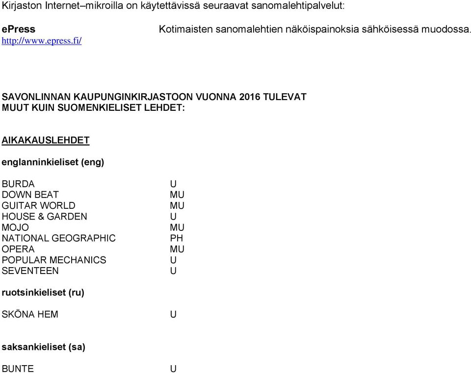 SAVONLINNAN KAPNGINKIRJASTOON VONNA 2016 TLEVAT MT KIN SOMENKIELISET LEHDET: AIKAKASLEHDET englanninkieliset