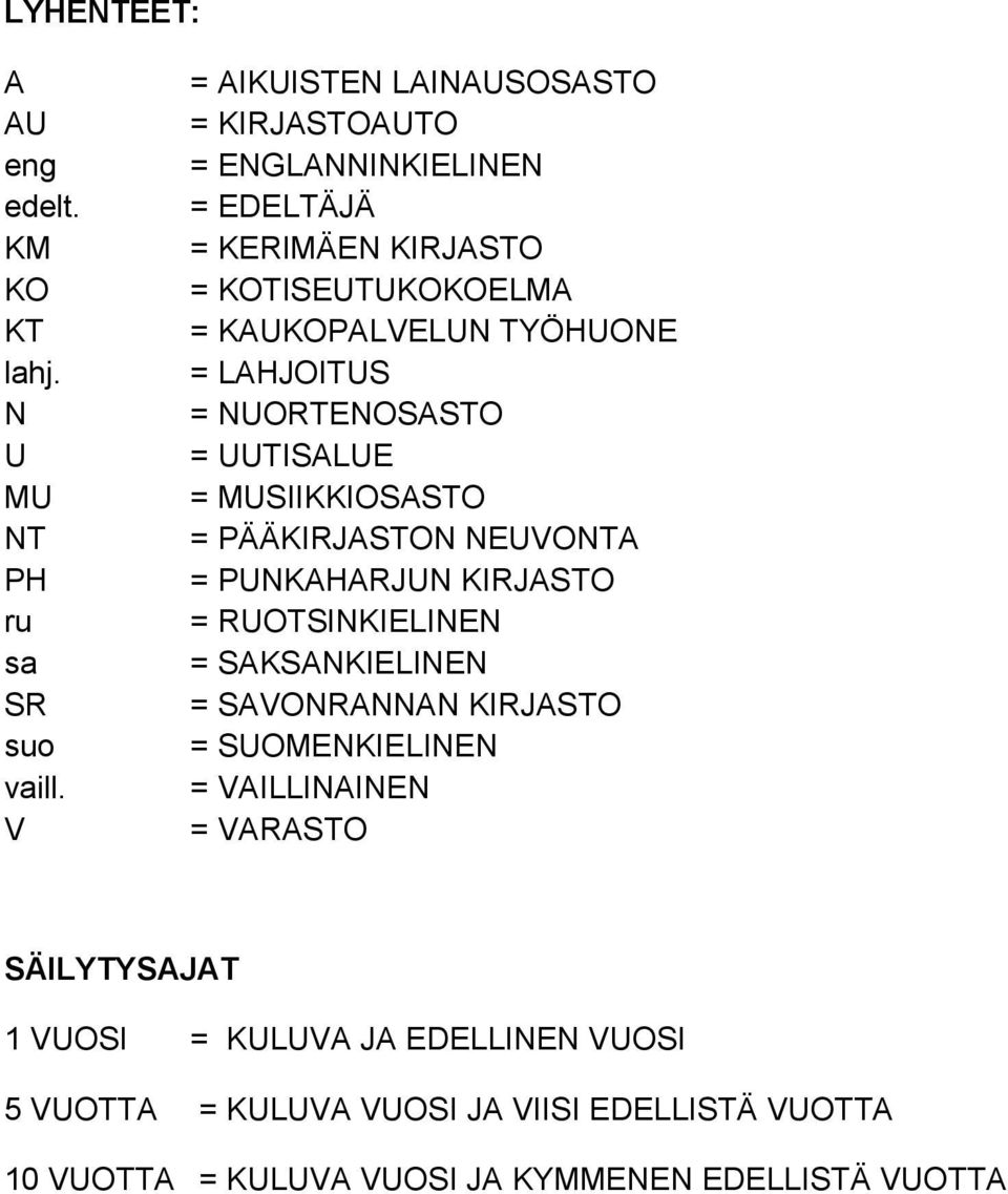 LAHJOITS = NORTENOSASTO = TISALE = MSIIKKIOSASTO = PÄÄKIRJASTON NEVONTA = PNKAHARJN KIRJASTO = ROTSINKIELINEN = SAKSANKIELINEN =