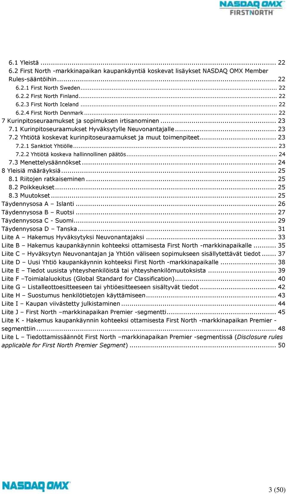 .. 23 7.2.1 Sanktiot Yhtiölle... 23 7.2.2 Yhtiötä koskeva hallinnollinen päätös... 24 7.3 Menettelysäännökset... 24 8 Yleisiä määräyksiä... 25 8.1 Riitojen ratkaiseminen... 25 8.2 Poikkeukset... 25 8.3 Muutokset.