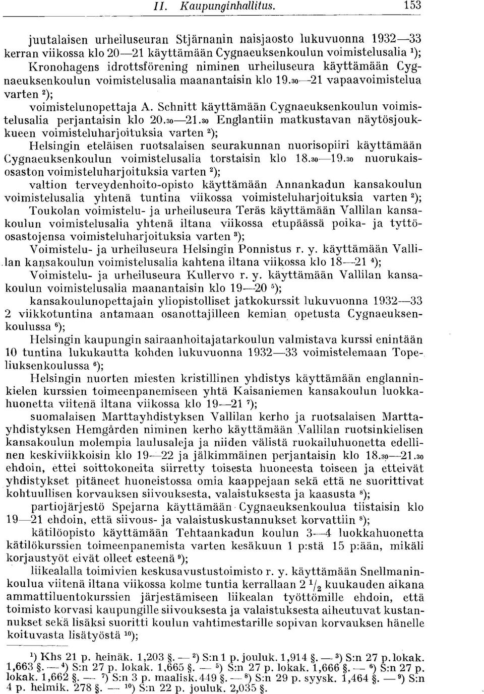 käyttämään Cygnaeuksenkoulun voimistelusalia maanantaisin klo 19.30 21 vapaavoimistelua varten 2 ); voimistelunopettaja A. Schnitt käyttämään Cygnaeuksenkoulun voimistelusalia perjantaisin klo 20.