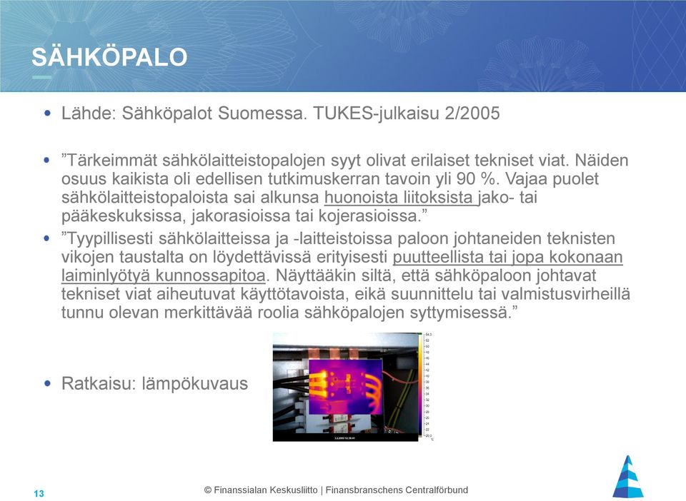 Vajaa puolet sähkölaitteistopaloista sai alkunsa huonoista liitoksista jako- tai pääkeskuksissa, jakorasioissa tai kojerasioissa.