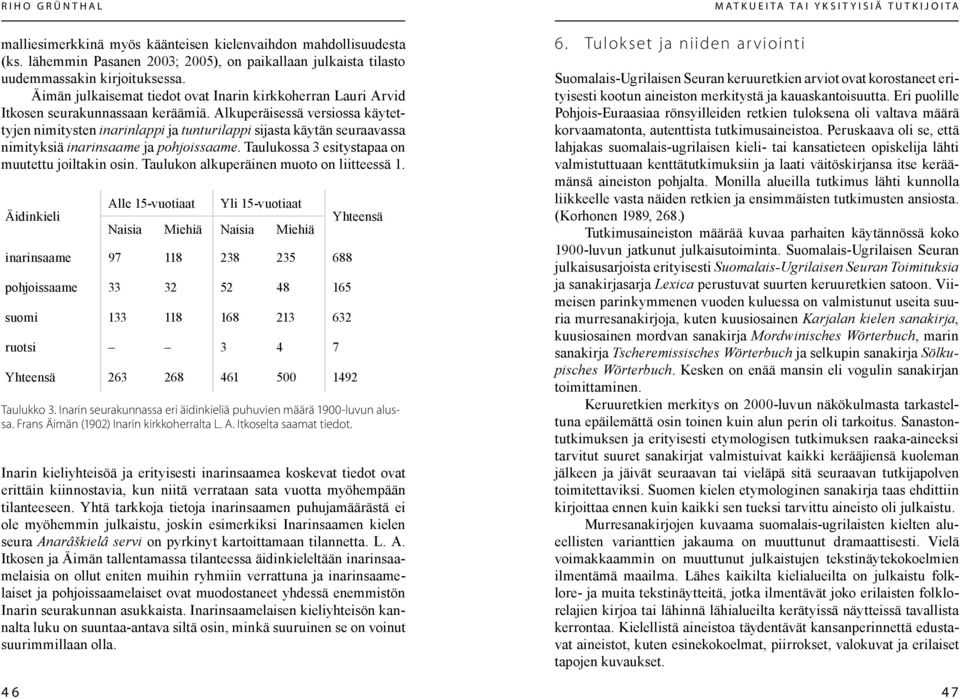 Alkuperäisessä versiossa käytettyjen nimitysten inarinlappi ja tunturilappi sijasta käytän seuraavassa nimityksiä inarinsaame ja pohjoissaame. Taulukossa 3 esitystapaa on muutettu joiltakin osin.