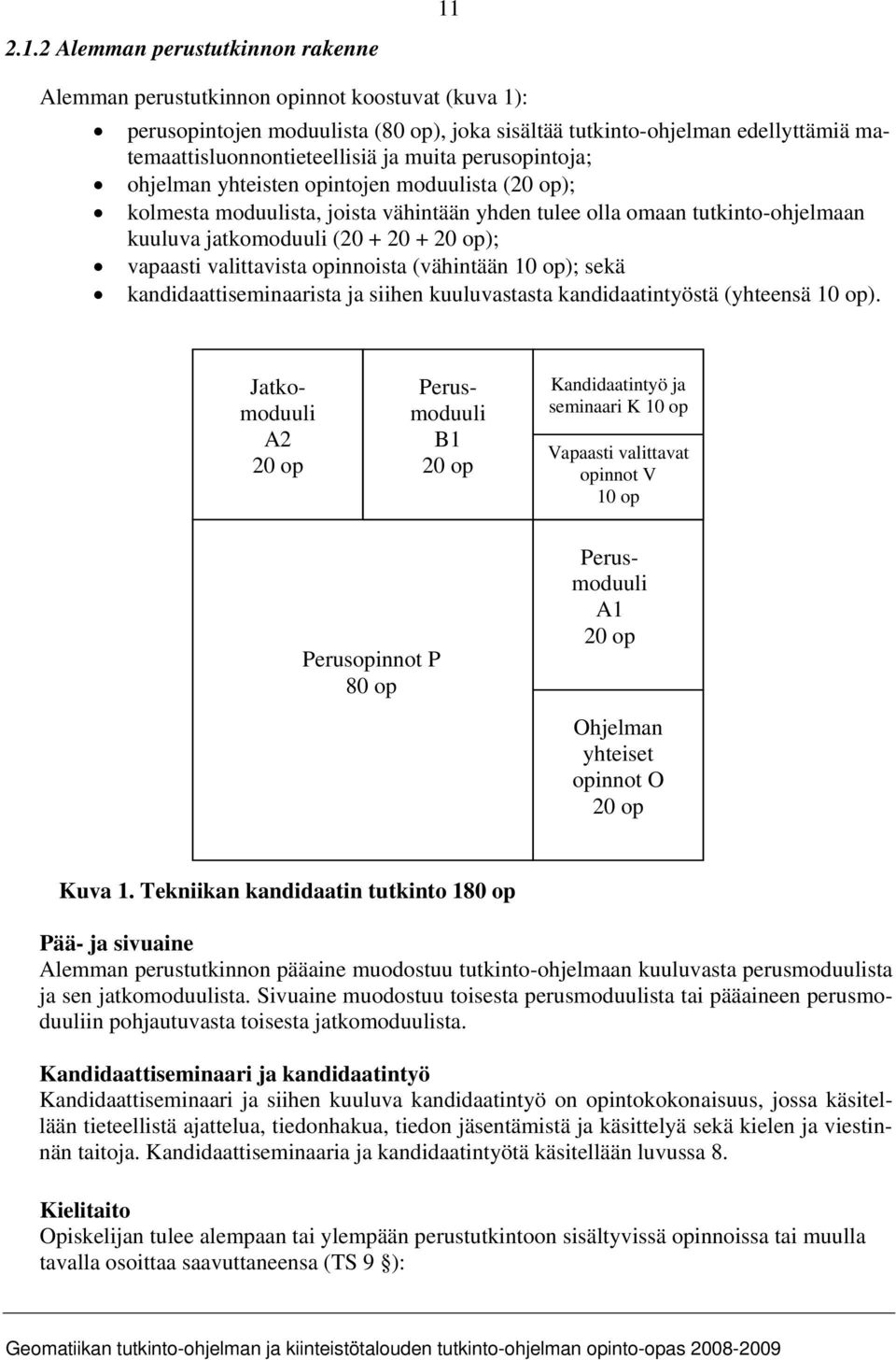 jatkomoduuli (20 + 20 + 20 op); vapaasti valittavista opinnoista (vähintään 10 op); sekä kandidaattiseminaarista ja siihen kuuluvastasta kandidaatintyöstä (yhteensä 10 op).