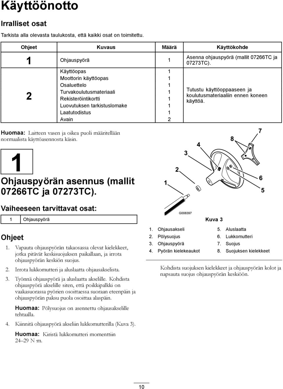 2 Asenna ohjauspyörä (mallit 07266TC ja 07273TC). Tutustu käyttöoppaaseen ja koulutusmateriaaliin ennen koneen käyttöä.