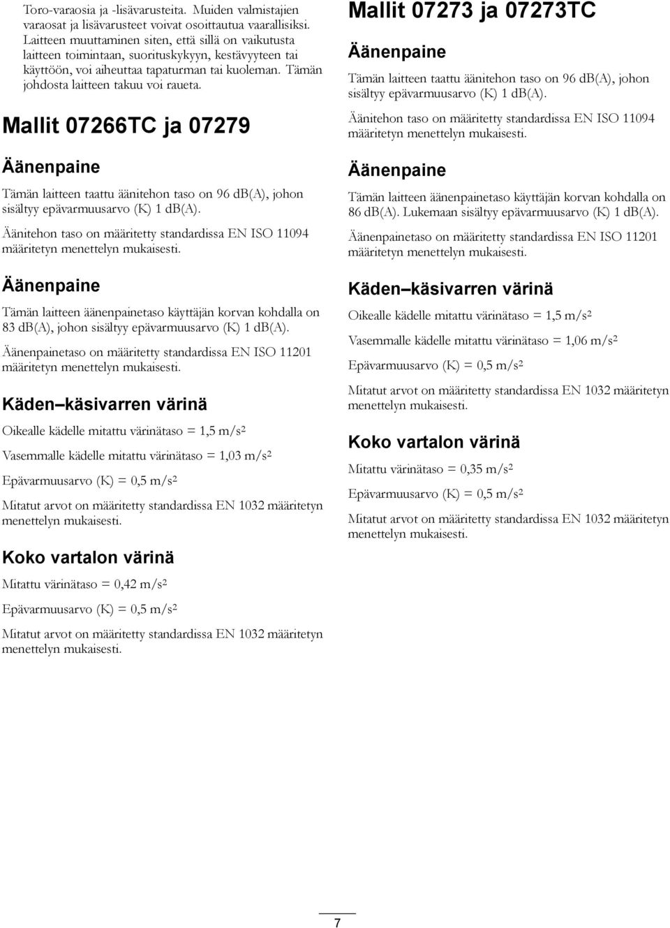 Mallit 07266TC ja 07279 Äänenpaine Tämän laitteen taattu äänitehon taso on 96 db(a), johon sisältyy epävarmuusarvo (K) 1 db(a).