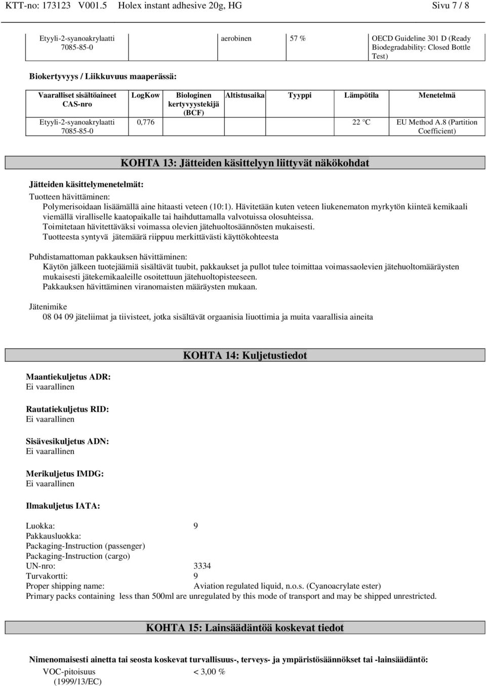 (BCF) Altistusaika Tyyppi Lämpötila Menetelmä 0,776 22 C EU Method A.