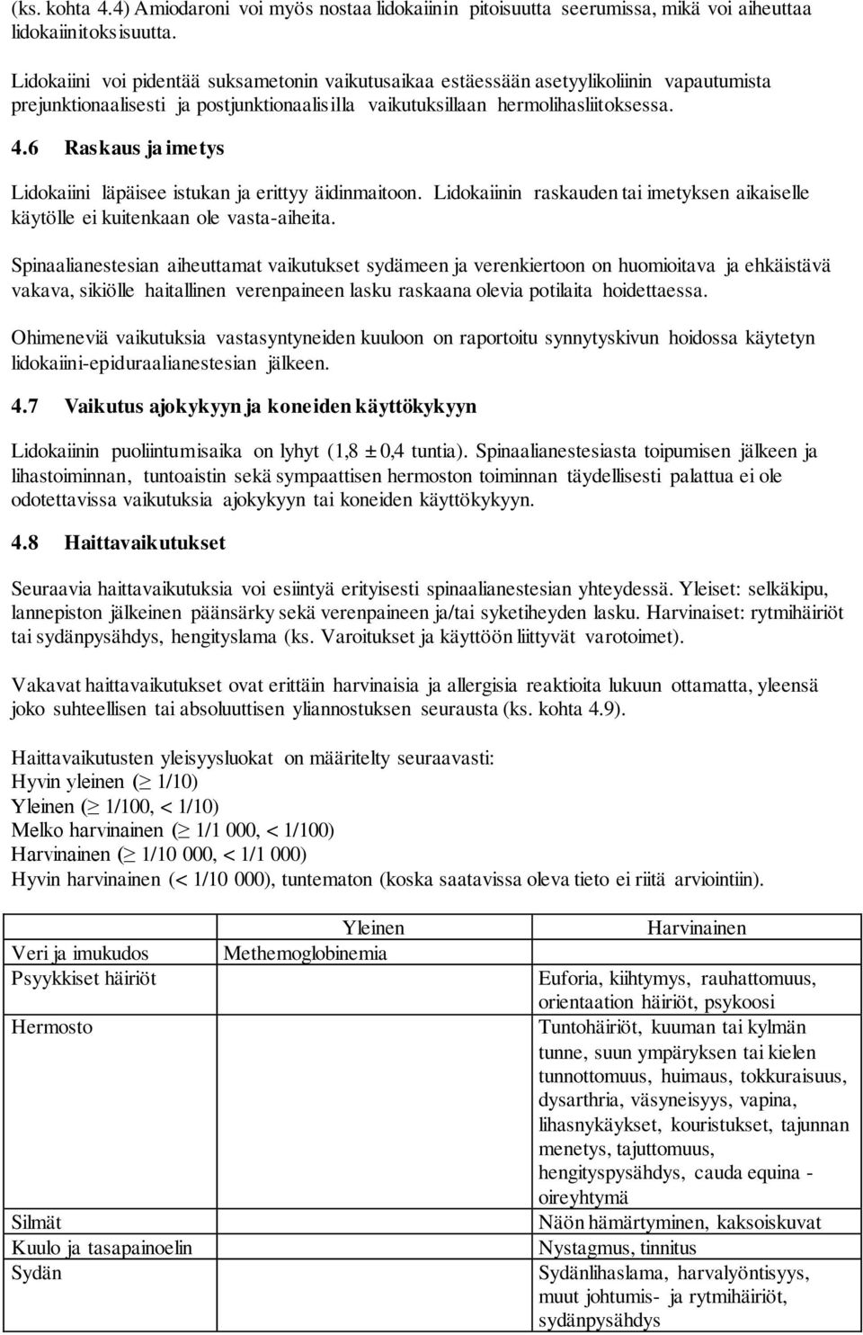 6 Raskaus ja imetys Lidokaiini läpäisee istukan ja erittyy äidinmaitoon. Lidokaiinin raskauden tai imetyksen aikaiselle käytölle ei kuitenkaan ole vasta-aiheita.