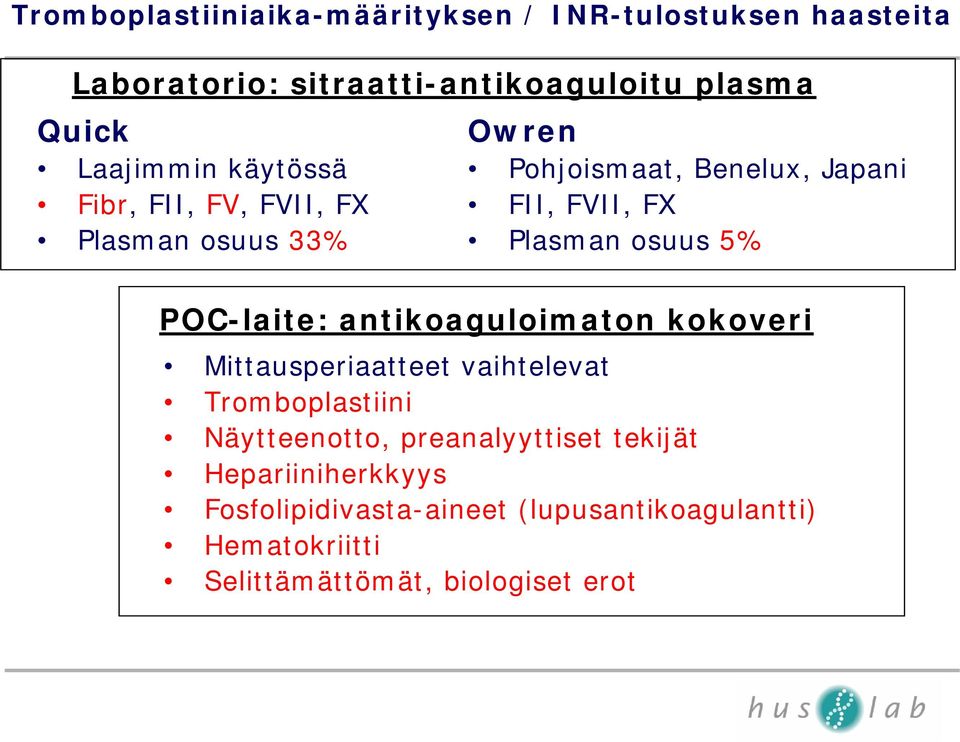 osuus 5% POC-laite: antikoaguloimaton kokoveri Mittausperiaatteet vaihtelevat Tromboplastiini Näytteenotto,