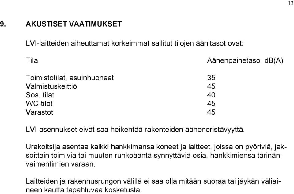 Urakoitsija asentaa kaikki hankkimansa koneet ja laitteet, joissa on pyöriviä, jaksoittain toimivia tai muuten runkoääntä synnyttäviä osia,