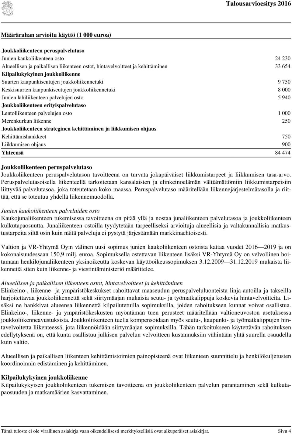 erityispalvelutaso Lentoliikenteen palvelujen osto 1 000 Merenkurkun liikenne 250 Joukkoliikenteen strateginen kehittäminen ja liikkumisen ohjaus Kehittämishankkeet 750 Liikkumisen ohjaus 900