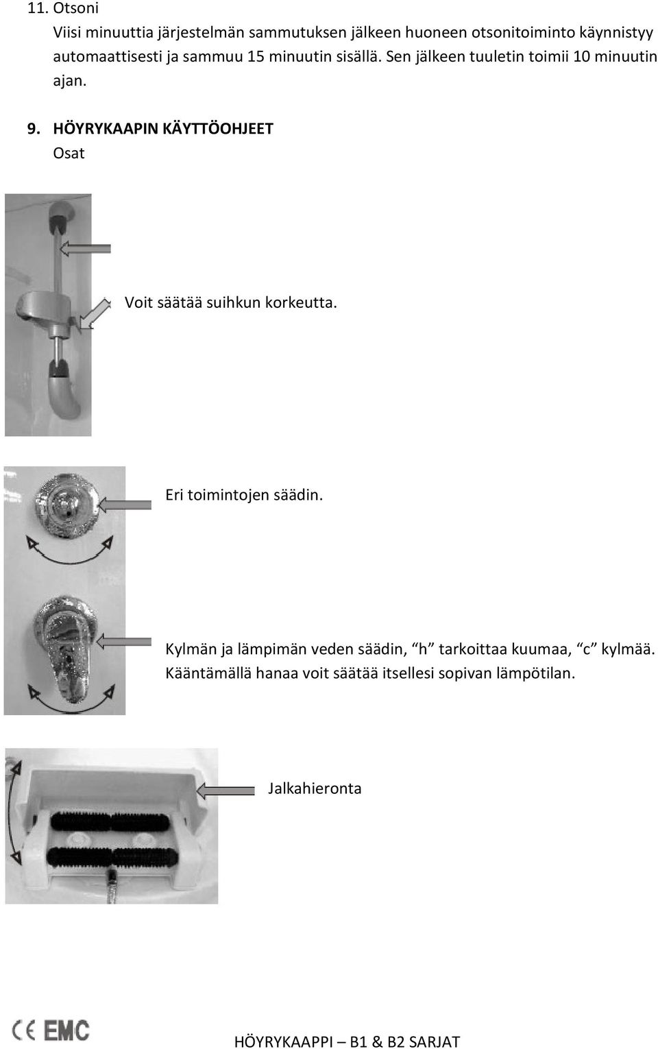 HÖYRYKAAPIN KÄYTTÖOHJEET Osat Voit säätää suihkun korkeutta. Eri toimintojen säädin.