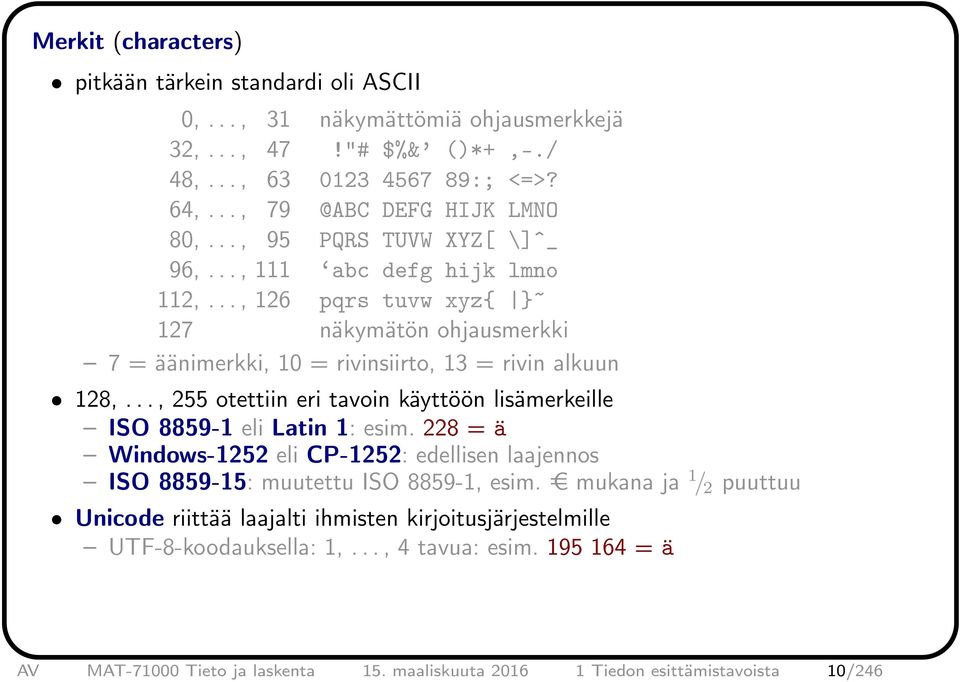 .., 255 otettiin eri tavoin käyttöön lisämerkeille ISO 8859-1 eli Latin 1: esim. 228 = ä Windows-1252 eli CP-1252: edellisen laajennos ISO 8859-15: muutettu ISO 8859-1, esim.