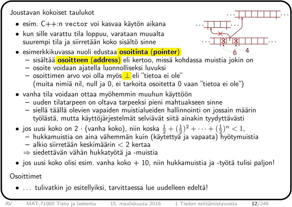 sisältää osoitteen (address) eli kertoo, missä kohdassa muistia jokin on osoite voidaan ajatella luonnolliseksi luvuksi osoittimen arvo voi olla myös eli tietoa ei ole (muita nimiä nil, null ja 0, ei