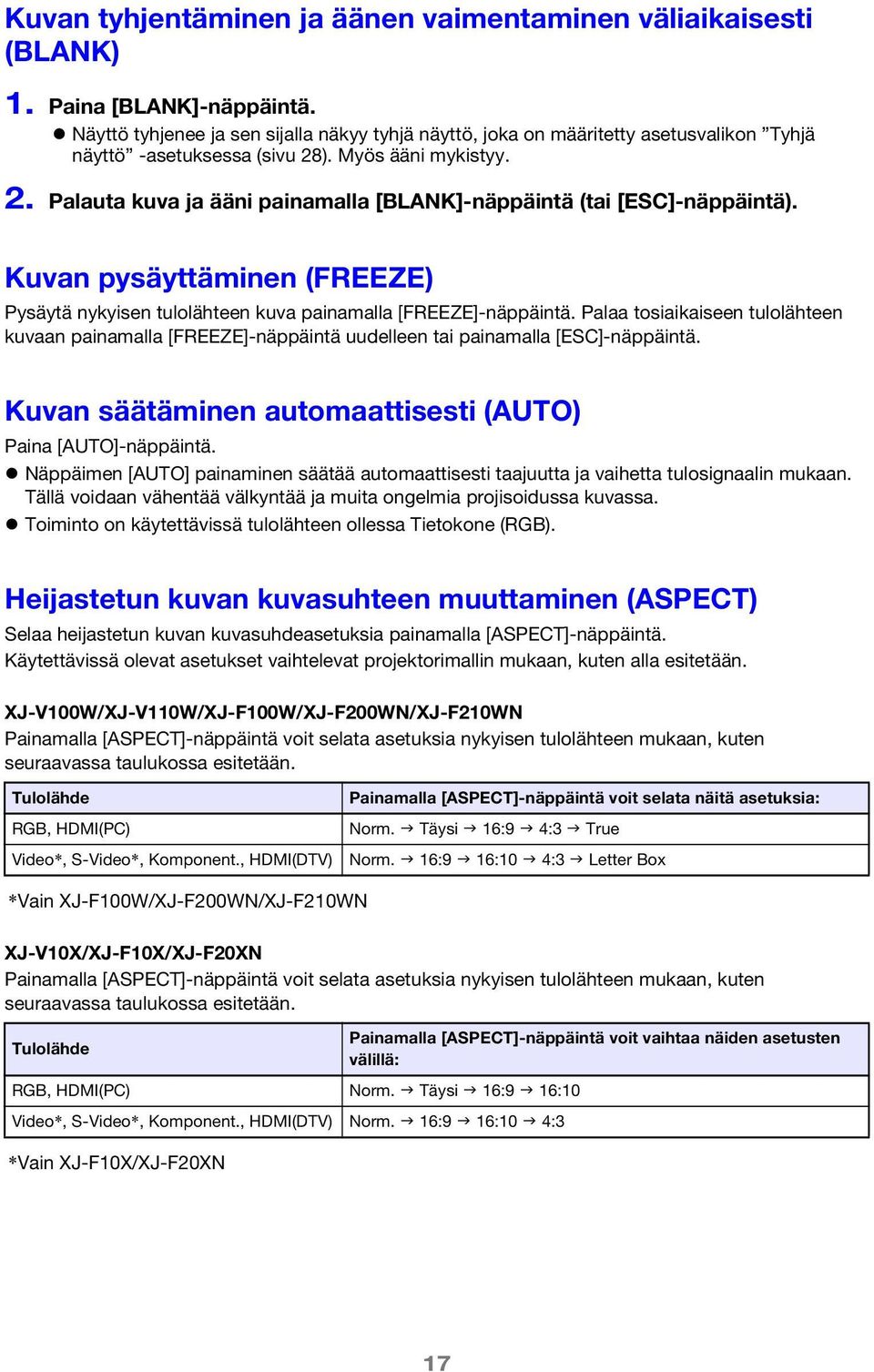 Kuvan pysäyttäminen (FREEZE) Pysäytä nykyisen tulolähteen kuva painamalla [FREEZE]-näppäintä.