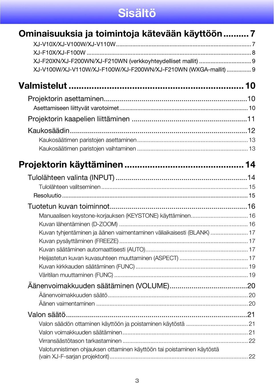 ..11 Kaukosäädin...12 Kaukosäätimen paristojen asettaminen... 13 Kaukosäätimen paristojen vaihtaminen... 13 Projektorin käyttäminen... 14 Tulolähteen valinta (INPUT)...14 Tulolähteen valitseminen.