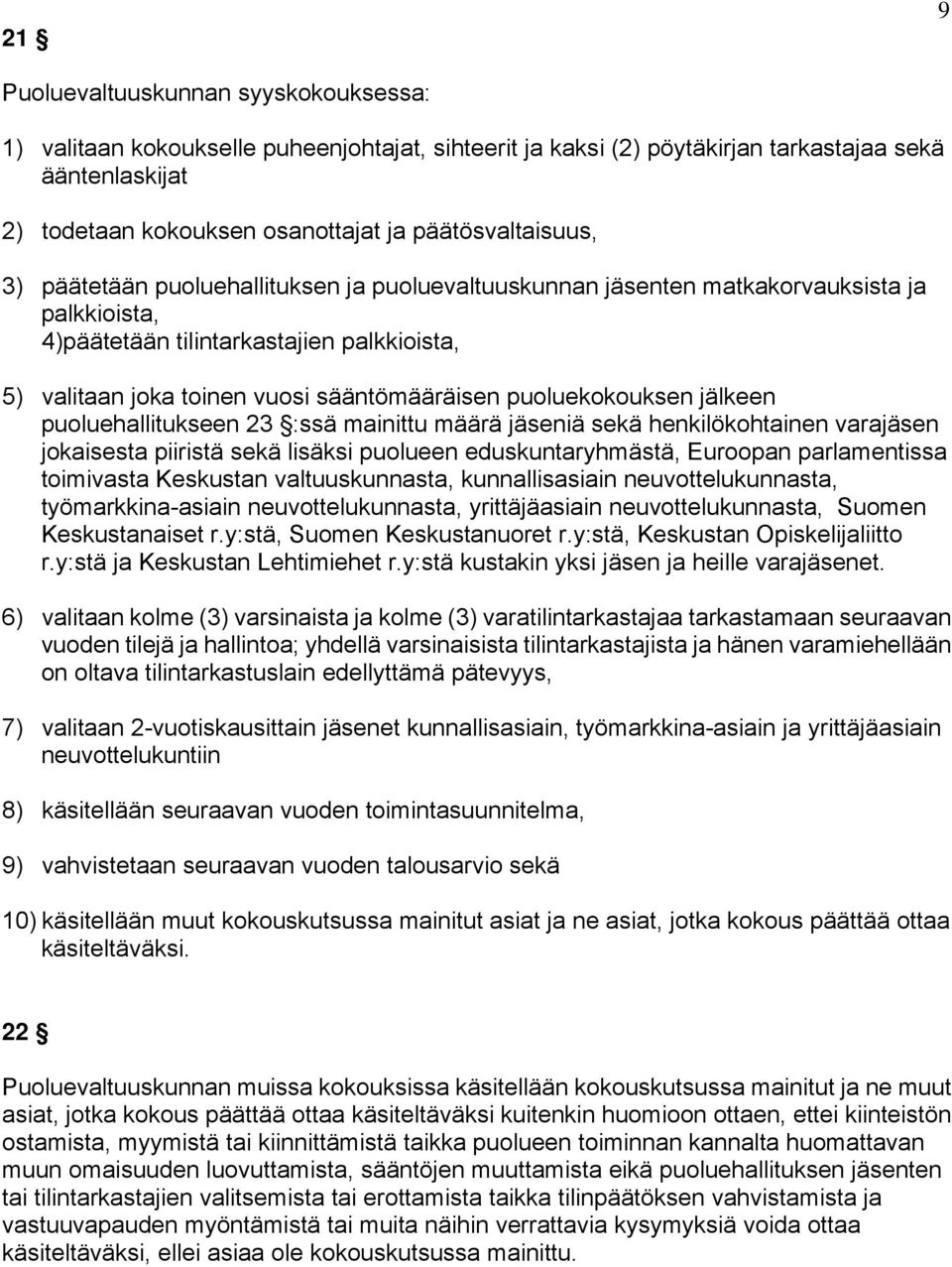 sääntömääräisen puoluekokouksen jälkeen puoluehallitukseen 23 :ssä mainittu määrä jäseniä sekä henkilökohtainen varajäsen jokaisesta piiristä sekä lisäksi puolueen eduskuntaryhmästä, Euroopan