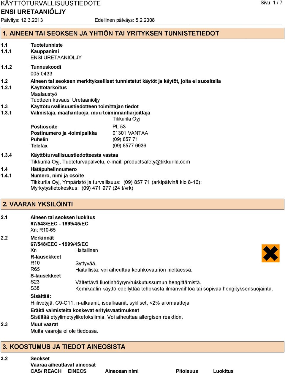 3 Käyttöturvallisuustiedotteen toimittajan tiedot 1.3.1 Valmistaja, maahantuoja, muu toiminnanharjoittaja Tikkurila Oyj Postiosoite PL 53 Postinumero ja -toimipaikka 01301 VANTAA Puhelin (09) 857 71 Telefax (09) 8577 6936 1.