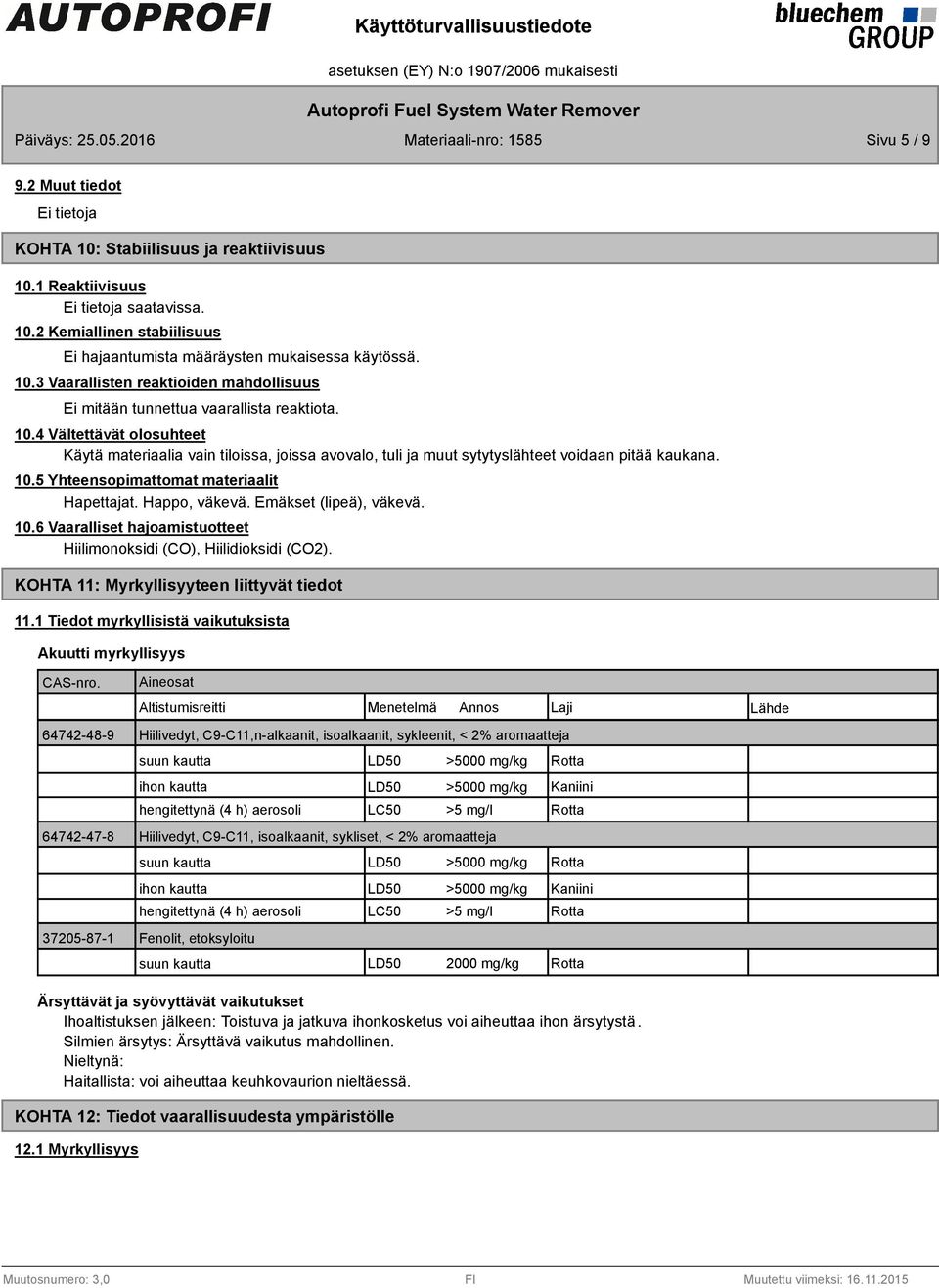 Emäkset (lipeä), väkevä. 10.6 Vaaralliset hajoamistuotteet Hiilimonoksidi (CO), Hiilidioksidi (CO2). KOHTA 11: Myrkyllisyyteen liittyvät tiedot 11.