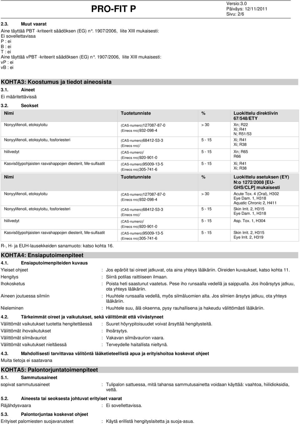 06, liite XIII mukaisesti: vp : ei vb : ei KOHTA3: Koostumus ja tiedot aineosista 3.1. Aineet Ei määritettävissä 3.2.