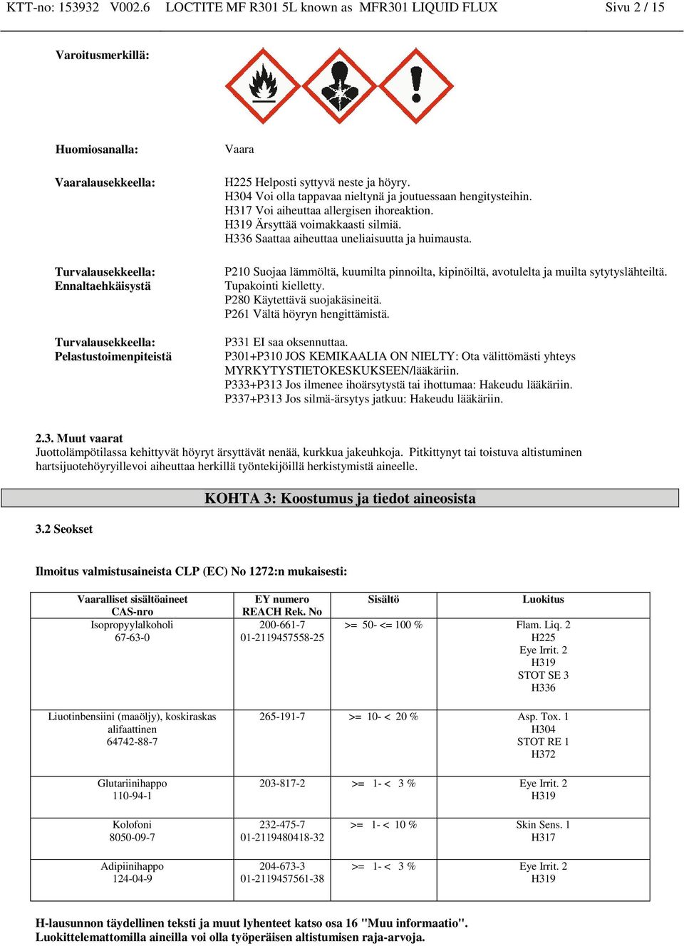 Helposti syttyvä este ja höyry. H304 Voi olla tappavaa ieltyä ja joutuessaa hegitysteihi. H317 Voi aiheuttaa allergise ihoreaktio. H319 Ärsyttää voimakkaasti silmiä.