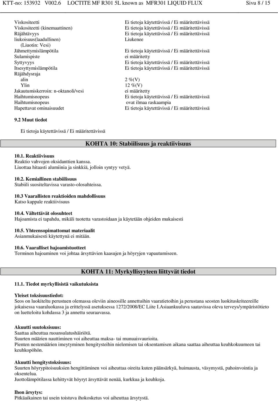 Itsesyttymislämpötila Räjähdysraja ali Yli Jakautumiskerroi: -oktaoli/vesi Haihtumisopeus Haihtumisopeus Hapettavat omiaisuudet Liukeee ei määritetty 2 %(V) 12 %(V) ei määritetty ovat ilmaa