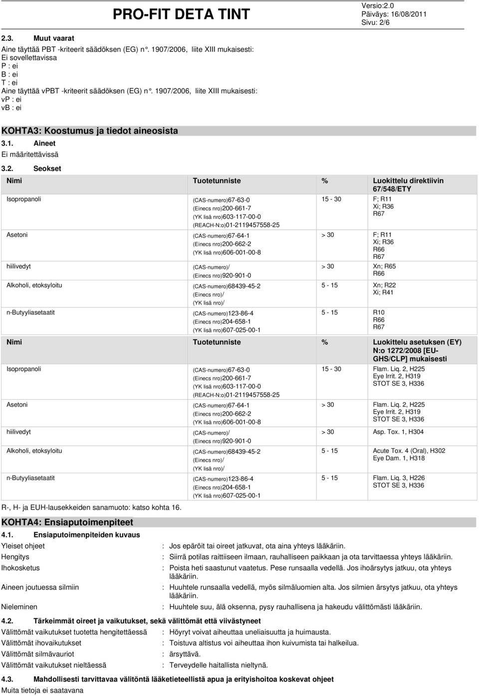 06, liite XIII mukaisesti: vp : ei vb : ei KOHTA3: Koostumus ja tiedot aineosista 3.1. Aineet Ei määritettävissä 3.2.