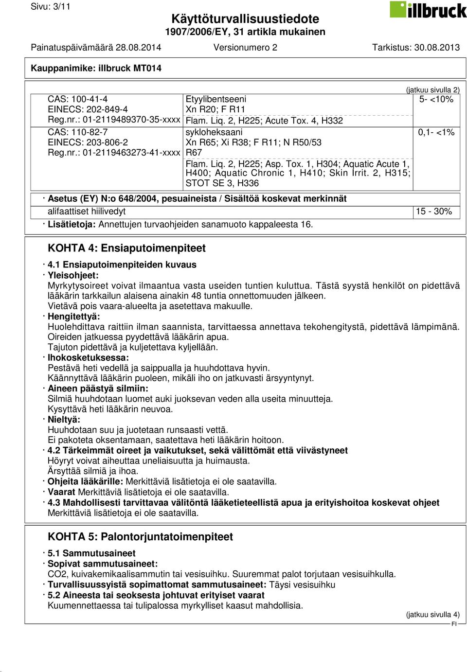 2, H315; STOT SE 3, H336 (jatkuu sivulla 2) 5- <10% 0,1- <1% Asetus (EY) N:o 648/2004, pesuaineista / Sisältöä koskevat merkinnät alifaattiset hiilivedyt 15-30% Lisätietoja: Annettujen turvaohjeiden
