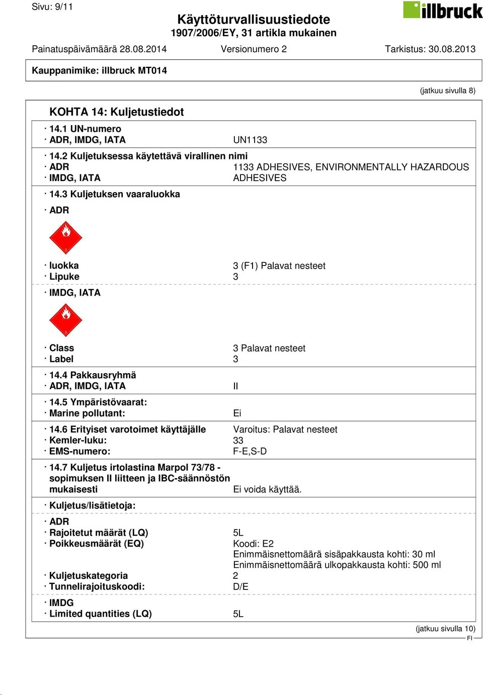 3 Kuljetuksen vaaraluokka ADR luokka 3 (F1) Palavat nesteet Lipuke 3 IMDG, IATA Class 3 Palavat nesteet Label 3 14.4 Pakkausryhmä ADR, IMDG, IATA II 14.5 Ympäristövaarat: Marine pollutant: Ei 14.