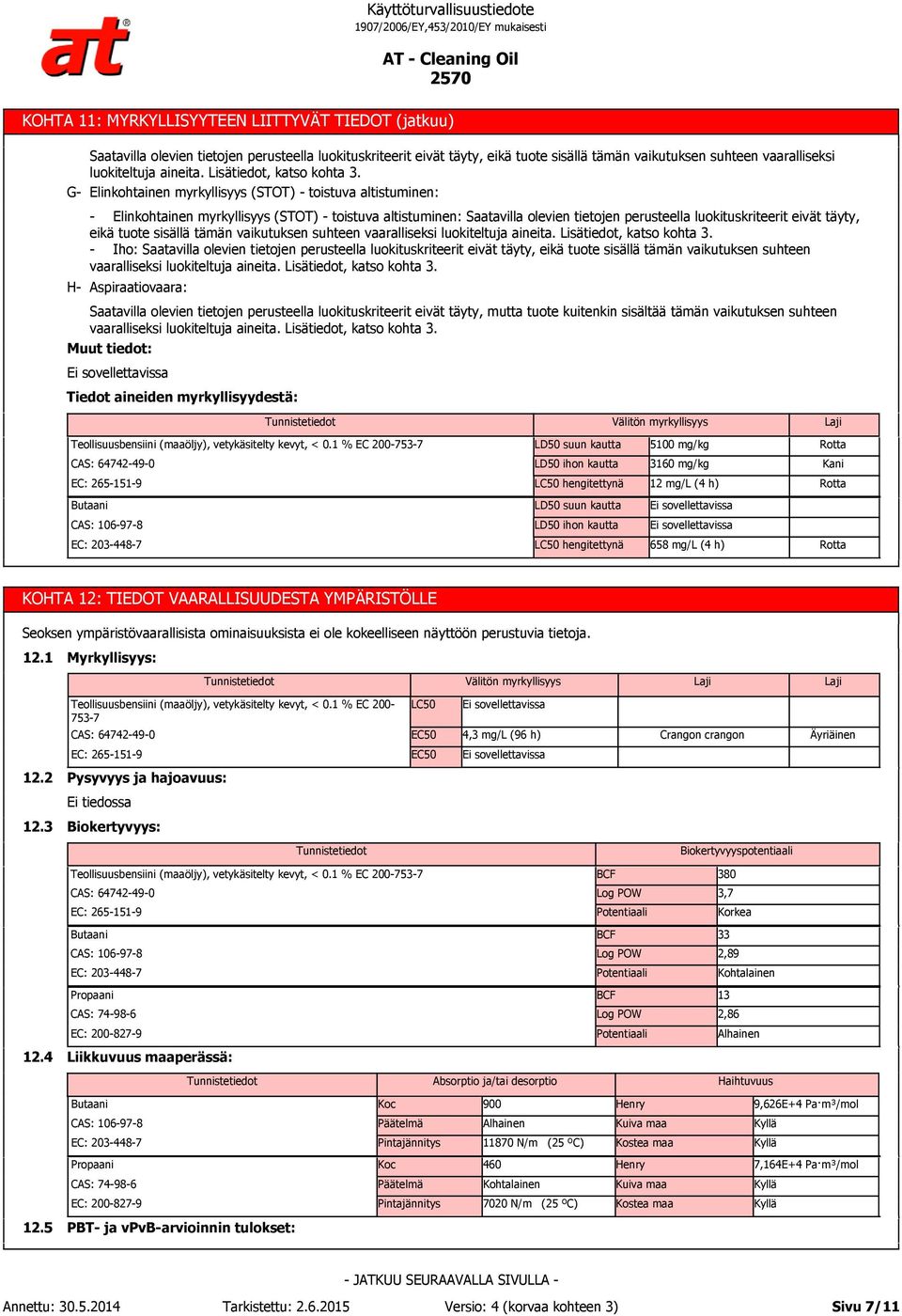 G- Elinkohtainen myrkyllisyys (STOT) - toistuva altistuminen: H- - Elinkohtainen myrkyllisyys (STOT) - toistuva altistuminen: Saatavilla olevien tietojen perusteella luokituskriteerit eivät täyty,