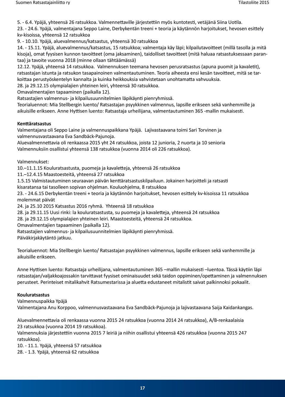 Ypäjä, aluevalmennus/katsastus, 15 ratsukkoa; valmentaja käy läpi; kilpailutavoitteet (millä tasolla ja mitä kisoja), omat fyysisen kunnon tavoitteet (oma jaksaminen), taidolliset tavoitteet (mitä