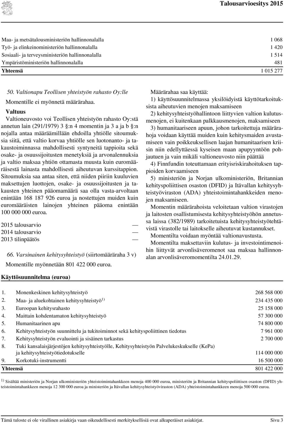 Valtuus Valtioneuvosto voi Teollisen yhteistyön rahasto Oy:stä annetun lain (291/1979) 3 :n 4 momentin ja 3 a ja b :n nojalla antaa määräämillään ehdoilla yhtiölle sitoumuksia siitä, että valtio