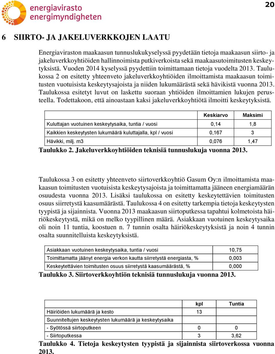 Taulukossa 2 on esitetty yhteenveto jakeluverkkoyhtiöiden ilmoittamista maakaasun toimitusten vuotuisista keskeytysajoista ja niiden lukumäärästä sekä hävikistä vuonna 2013.